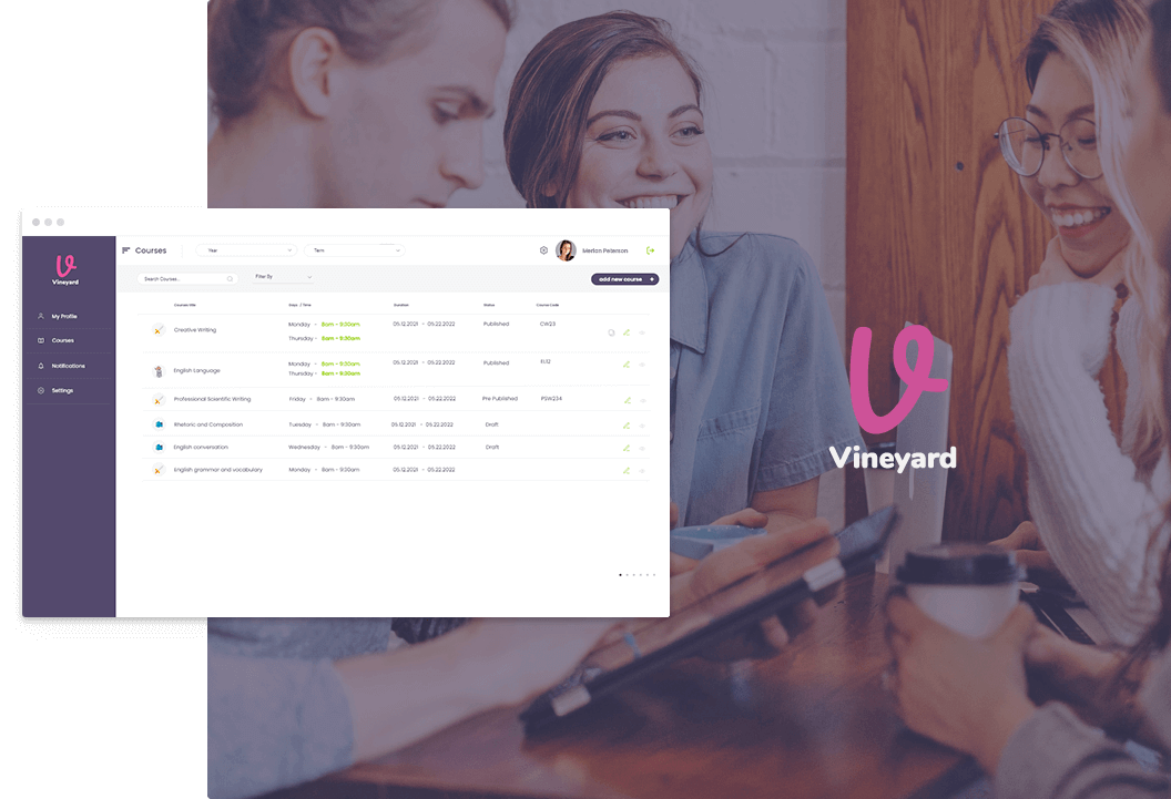 Vineyard university management platform